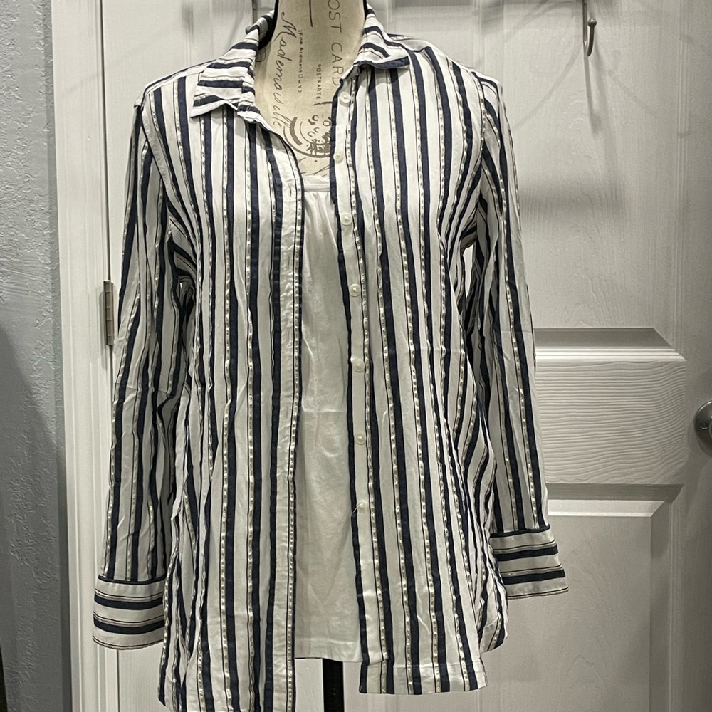 Banana Republic-button up long sleeve shirt, Medium, navy white & silver striped